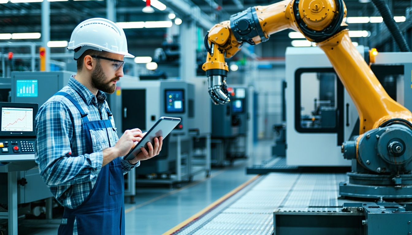 Make an image of a modern factory floor with CNC machines robotic arms and assembly line equipment Show a worker in proper safety gear using a tablet to monitor or control the equipment Include visible control panels with screens on the machinery The